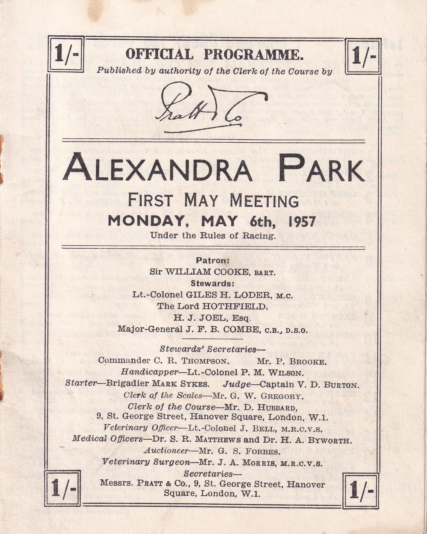 Alexandra Park First May Meeting Monday May 6th 1957